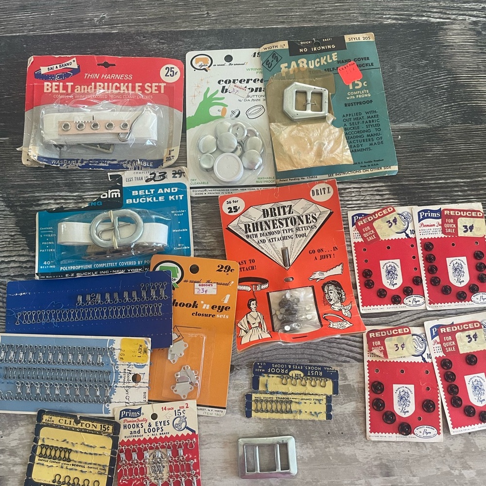 Vintage Sewing Notions Collection - Belt Buckles, Hooks, and Fasteners Set